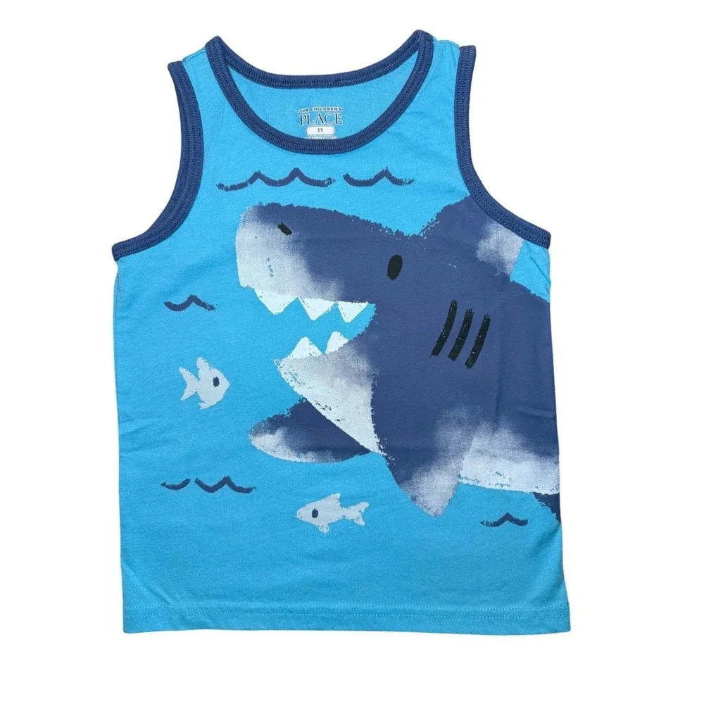The Children's Place 2 Pack Tank Top Boys Size 3T Shark & Striped Blue Green